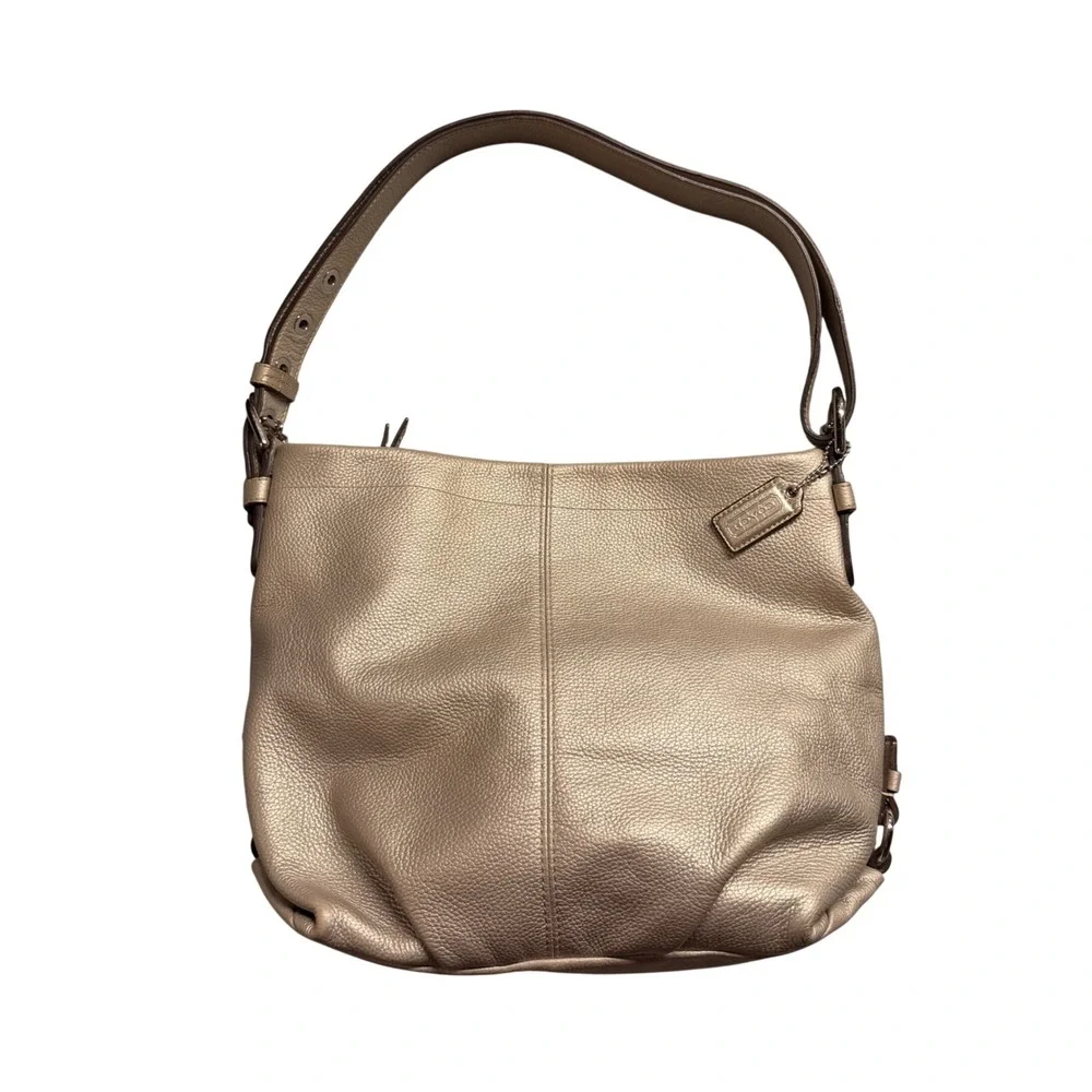 Coach Metallic Champagne Pebbled Leather Hobo Bag Silver Hardware Top Zip